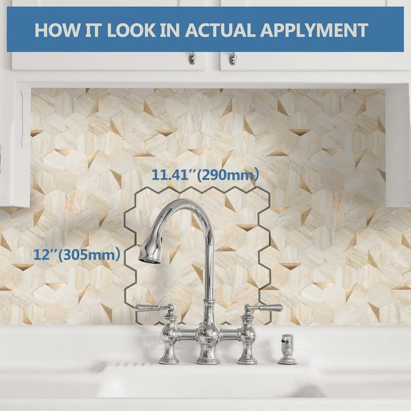 OYASIMI Hexagon Peel and Stick Backsplash for Kitchen Wall, 10 Sheets Heat Resistant Stick on Backsplash PVC Smart Tiles, 12'' Beige Marble Waterproof Peel and Stick Wall Tiles for Bathroom - Image 2